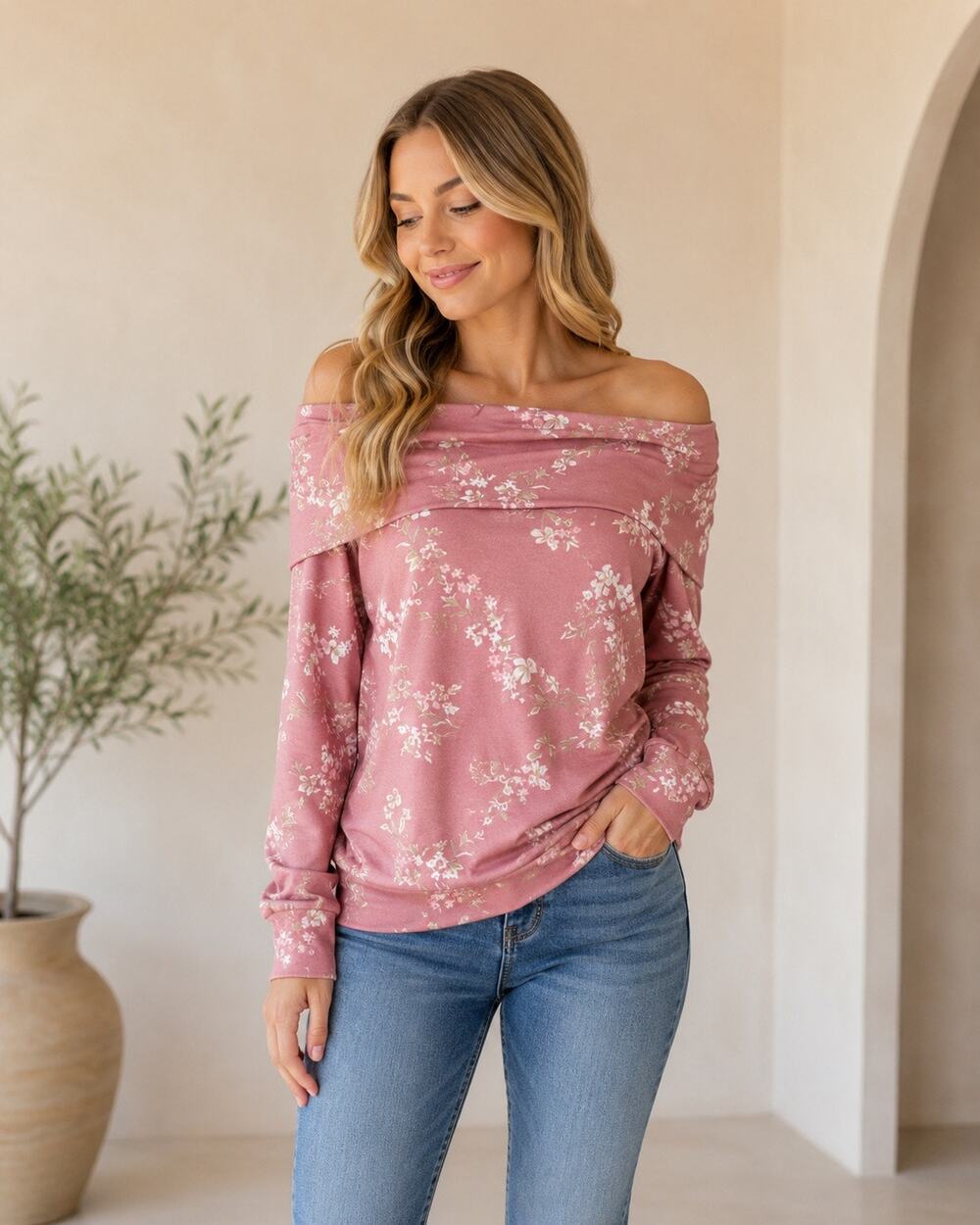 NWT Lauren Conrad Pink Floral Off Shoulder Sweatshirt Top Size M Long Sleeve